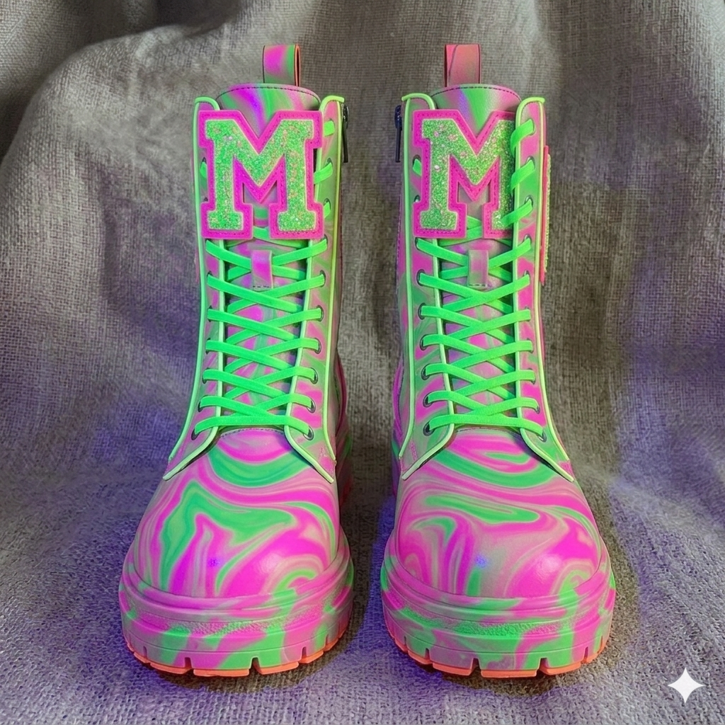The Khool Closet "Neon Varsity Combat" boots for women. 100% Genuine Leather