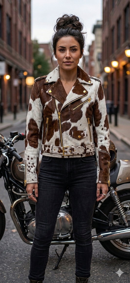 The Khool Closet: "Slim Fit Gold Zip Moto" cowhide for women.