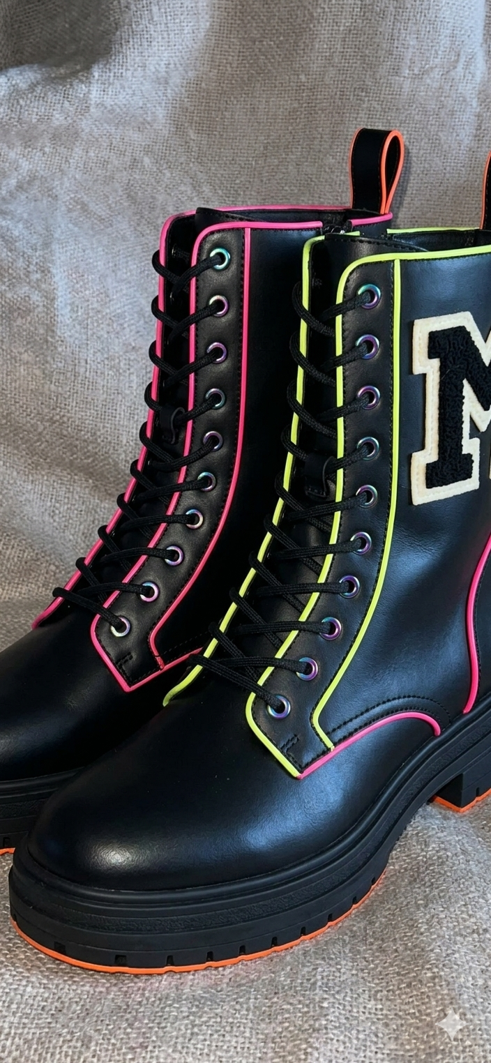 The Khool Closet "Neon Varsity Combat" boots for women. 100% Genuine Leather