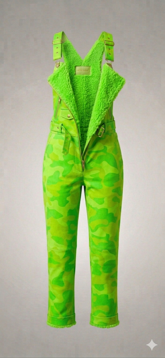The Khool Closet "Vapor-Camo Utility Romper" for women. Neon Green/Bright Orange 100%Leather