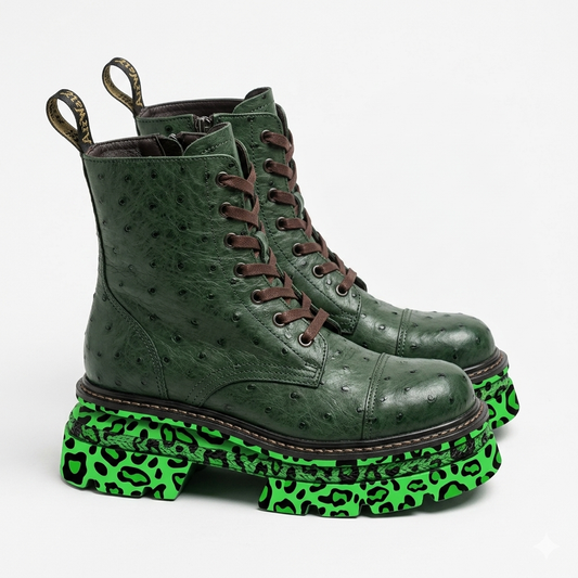 The Khool Closet: "The Modern Explorer" forest green ostrich green leopard print boots for women.