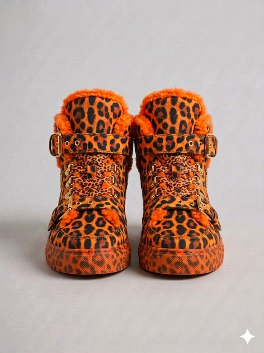 The Khool Closet: "Leopard Suede+Sherling fur" Gilded Nomad" shoe for women. Leopard/Neon Green Leopard/Bright Orange Leopard/Lavender Leopard/Cyro Leopard/White+Black Leopard