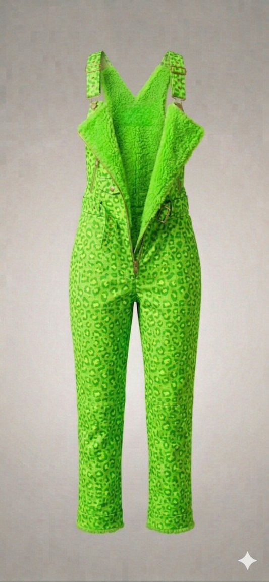 The Khool Closet "The Brat Pack One-Piece" for women. Genuine Leather/Sherling Fur Neon Green Leopard/Bright Orange Leopard