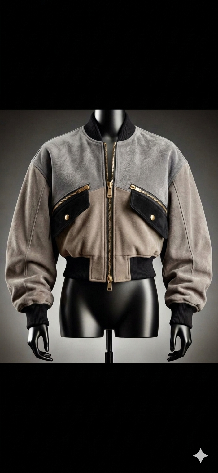 The Khool Closet "Grid-Lock Cropped Bomber" for women. 100% Lamb Suede