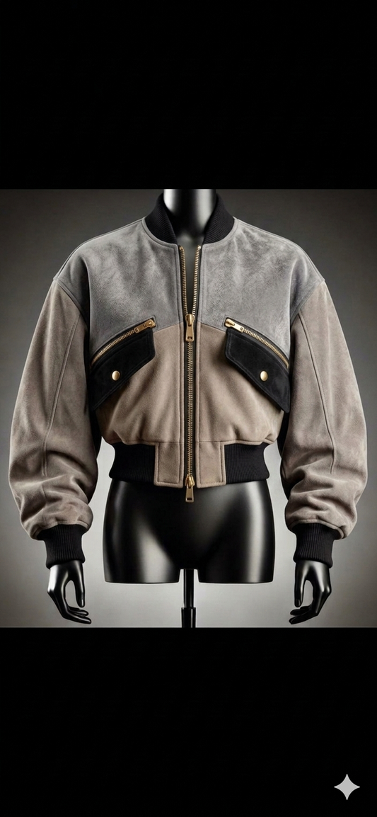 The Khool Closet "Grid-Lock Cropped Bomber" for women. 100% Lamb Suede