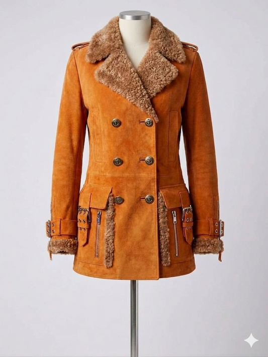 The Khool Closet: Vintage-Inspired 70s Boho Shearling & Suede Stroller Coat for women. Tan+Orange