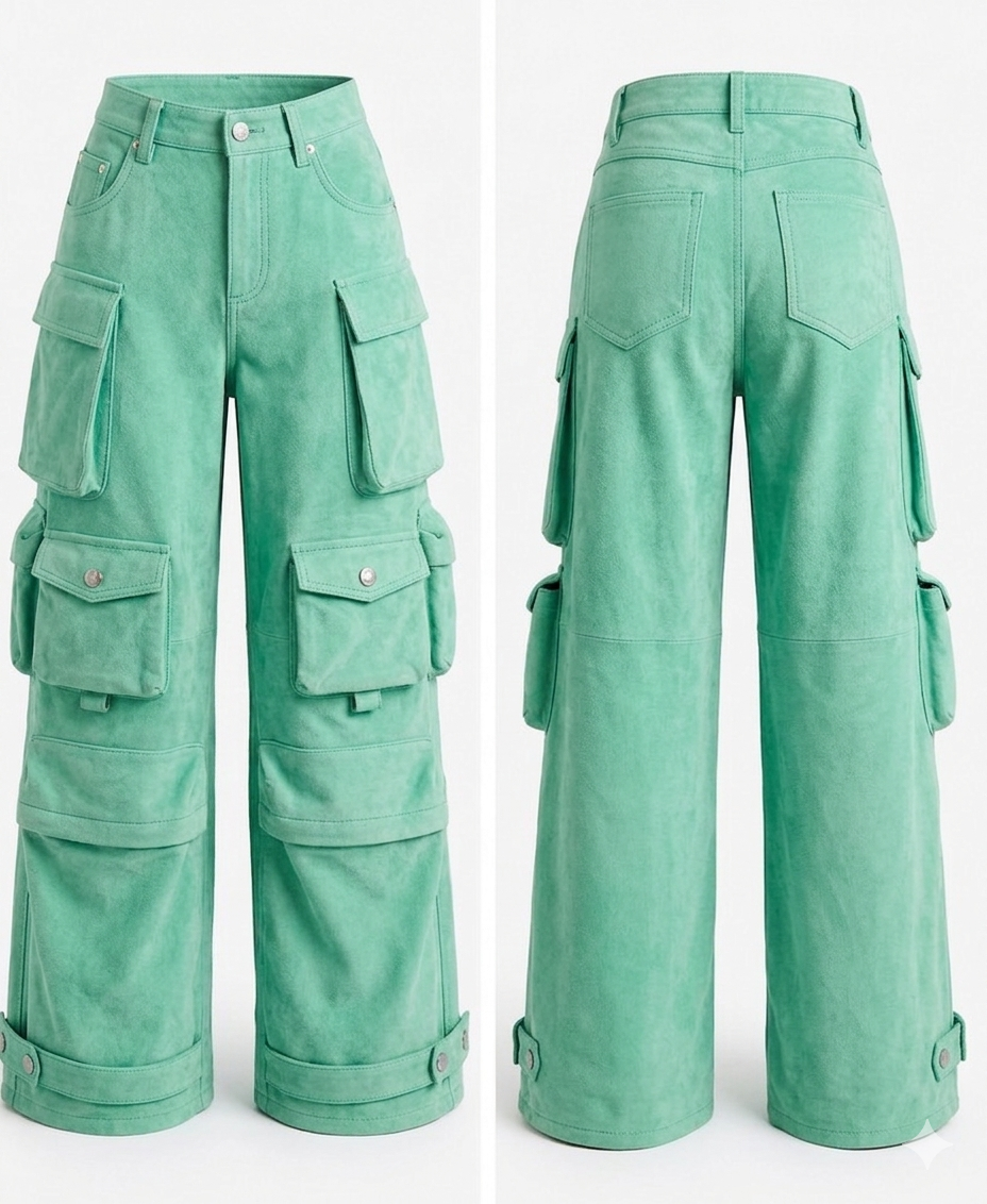 The Khool Closet: "The Plush Cargo Trouser" suede for women. Blue/Yellow/Mint
