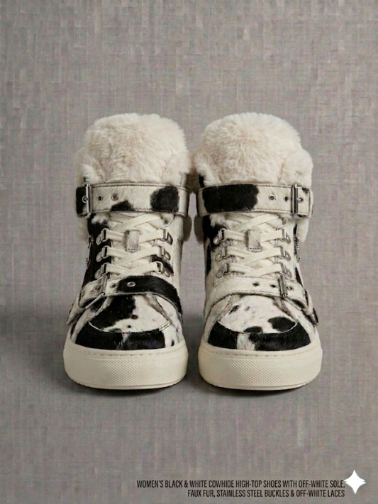 The Khool Closet: "The Alpine Hide-Top" cowhide shoe for women. Black+White