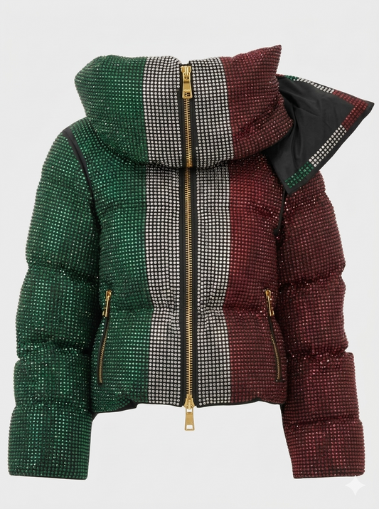 The Khool Closet: Italian flag color wrap around collar winter coat for women. Rhinestone Green/White/Red