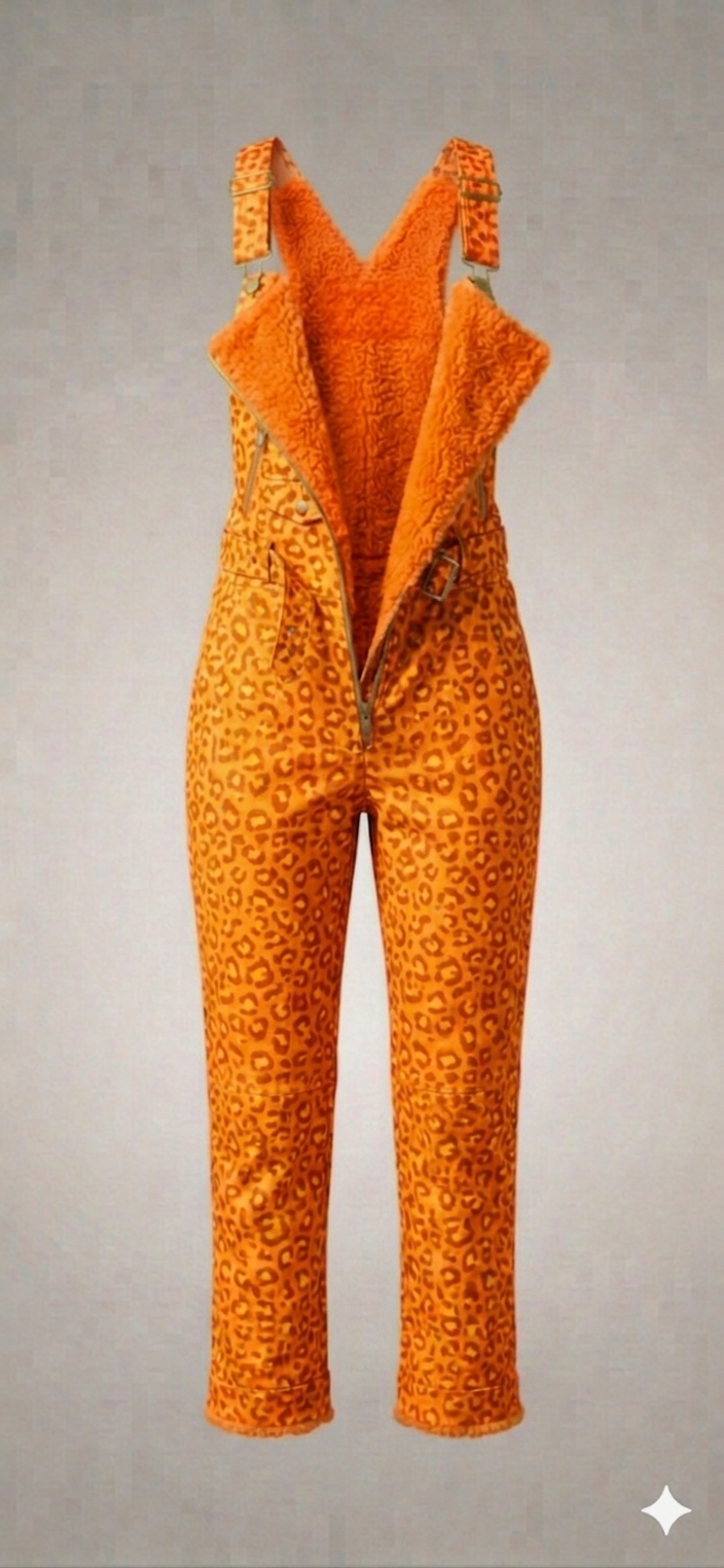 The Khool Closet "The Brat Pack One-Piece" for women. Genuine Leather/Sherling Fur Neon Green Leopard/Bright Orange Leopard