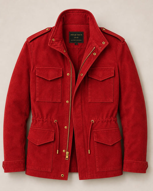 The Khool Closet: "M-65 Field Jacket" suede for women. Red/Mint/Yellow