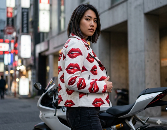 The Khool Closet: "Vibe Check" lip motorcycle jacket for women. Red+White Black+Red