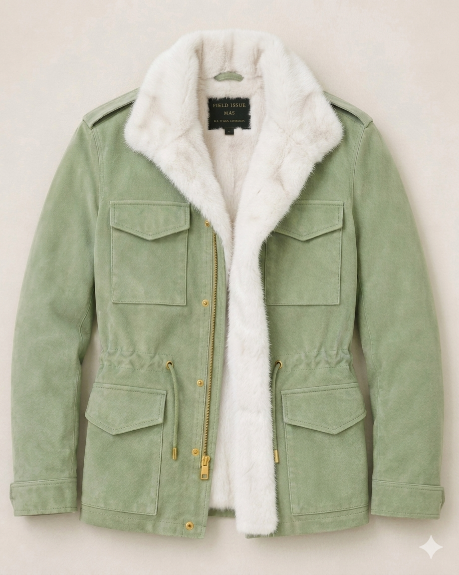 The Khool Closet: "M-65 Field Jacket" suede for women. Red/Mint/Yellow